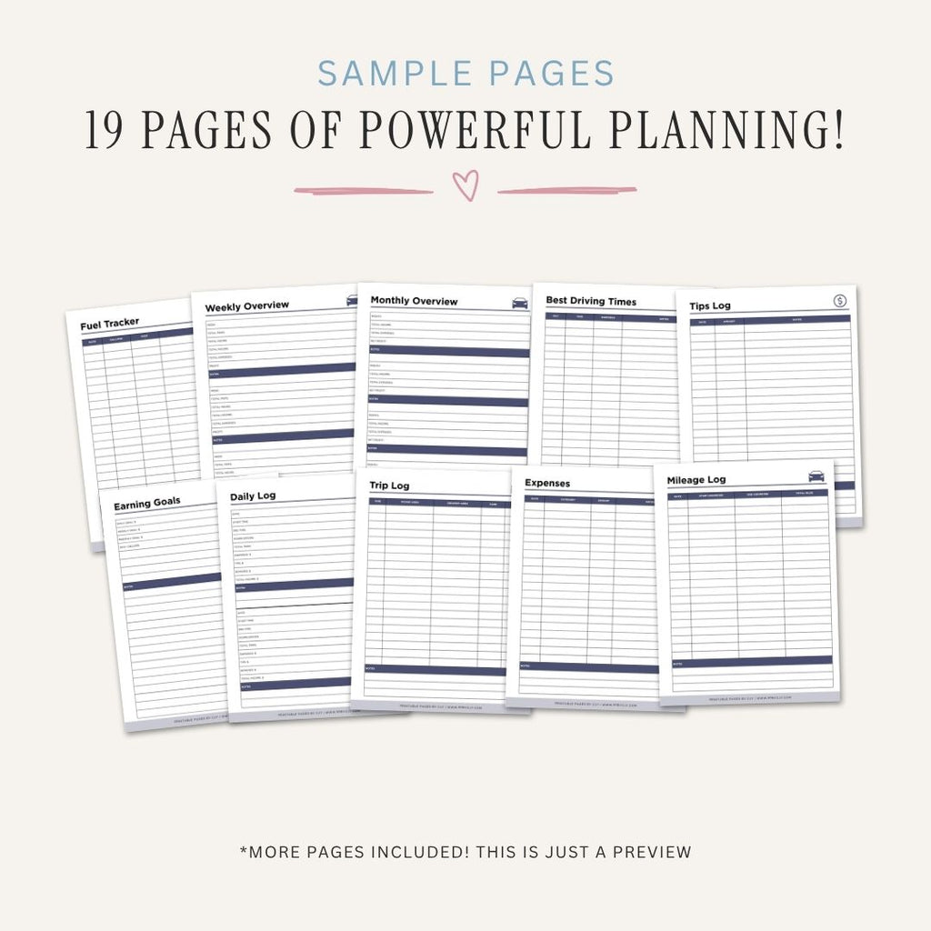 Rideshare Driver Planner Earnings Tracker & Mileage Log Bundle sample pages