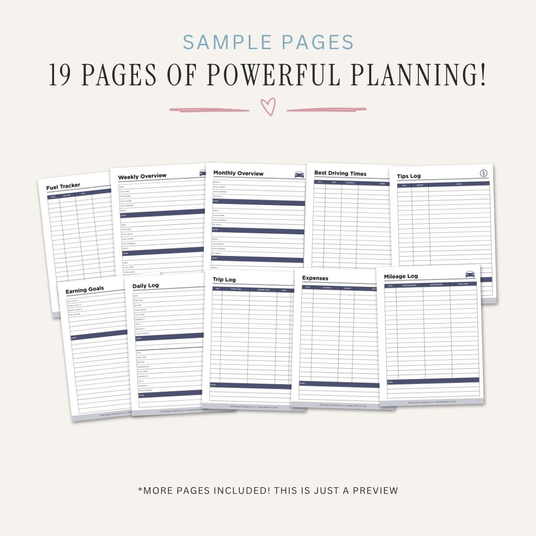 Rideshare Driver Planner Earnings Tracker & Mileage Log Bundle sample pages