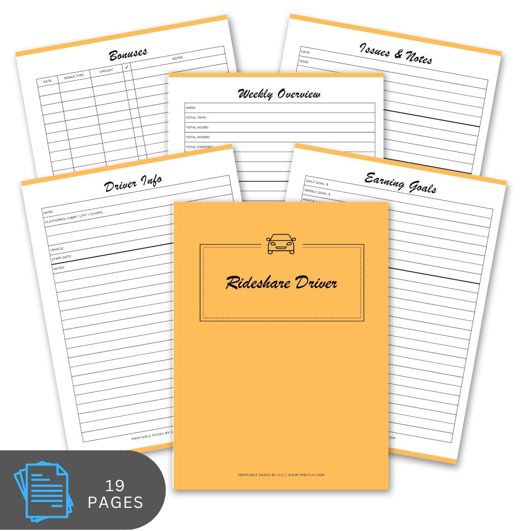 Set of rideshare driver worksheets with a yellow notebook on a white background