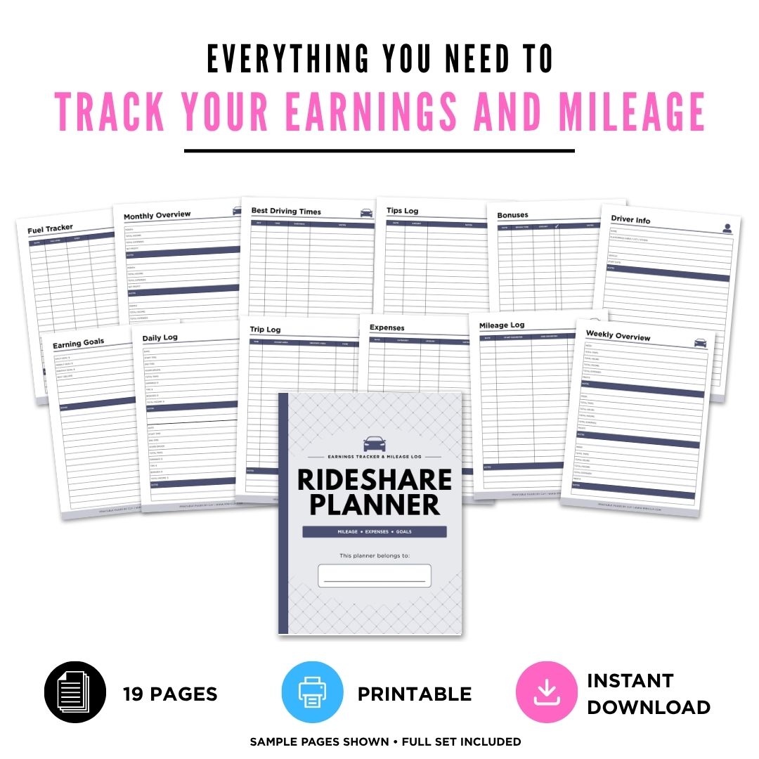 Rideshare Driver Planner Earnings Tracker & Mileage Log Bundle earnings log
