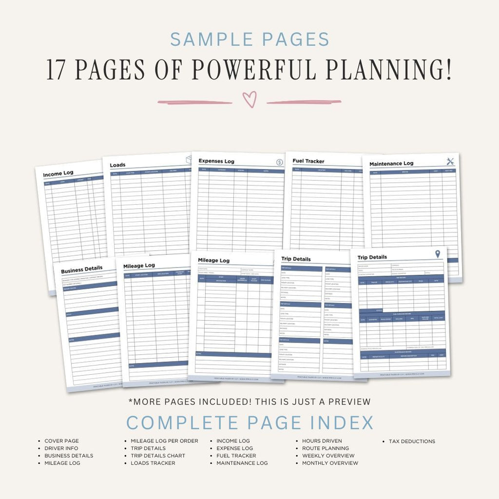 Truck Driving Planner CDL Driver Mileage & Route Tracker Bundle sample pages