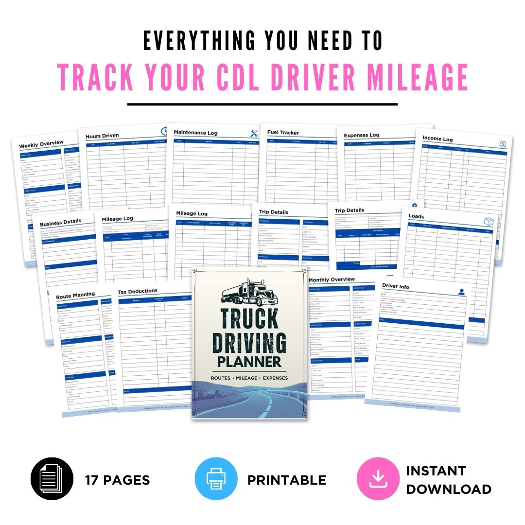 Truck Driving Planner CDL Driver Mileage & Route Tracker Bundle mileage log