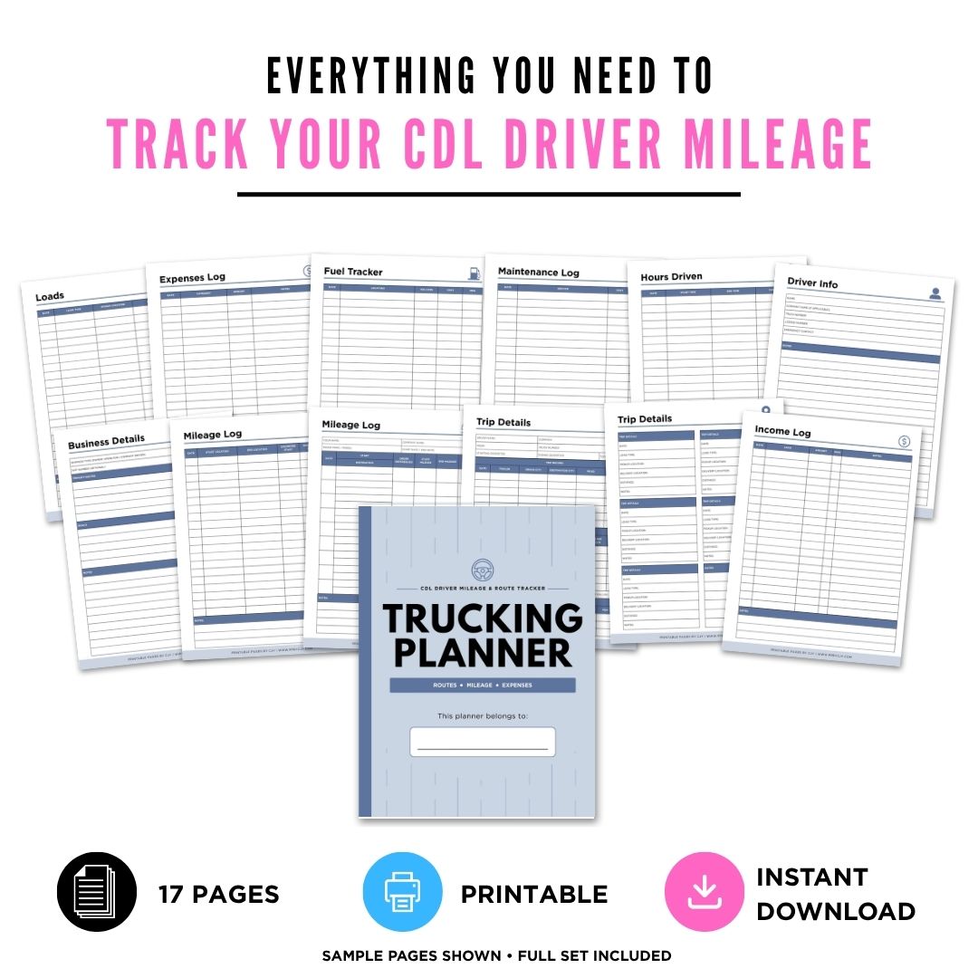 Truck Driving Planner CDL Driver Mileage & Route Tracker Bundle mileage log