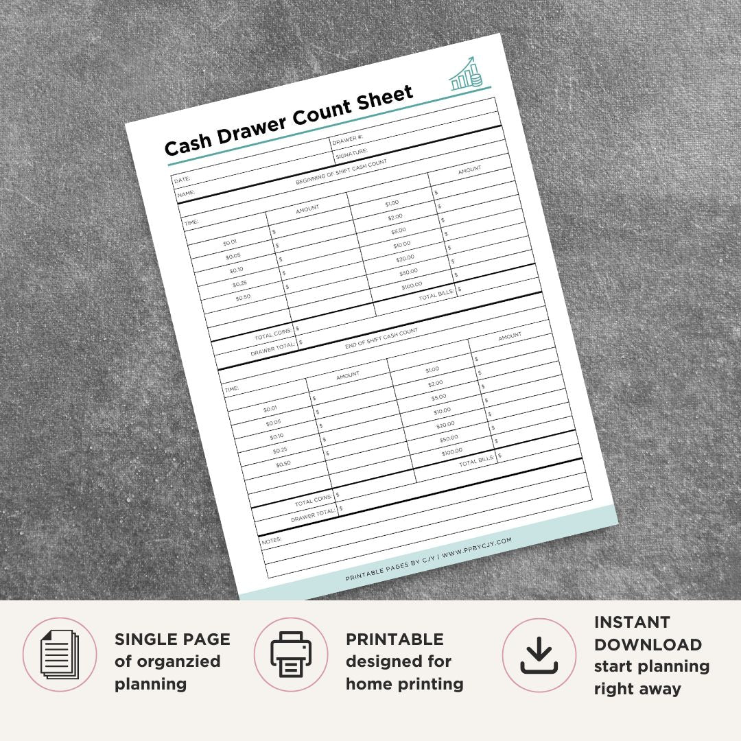 Cash Drawer Count Sheet printable retail cash tracking form for register balancing and reconciliation
