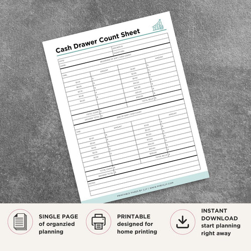 Cash Drawer Count Sheet printable retail cash tracking form for register balancing and reconciliation
