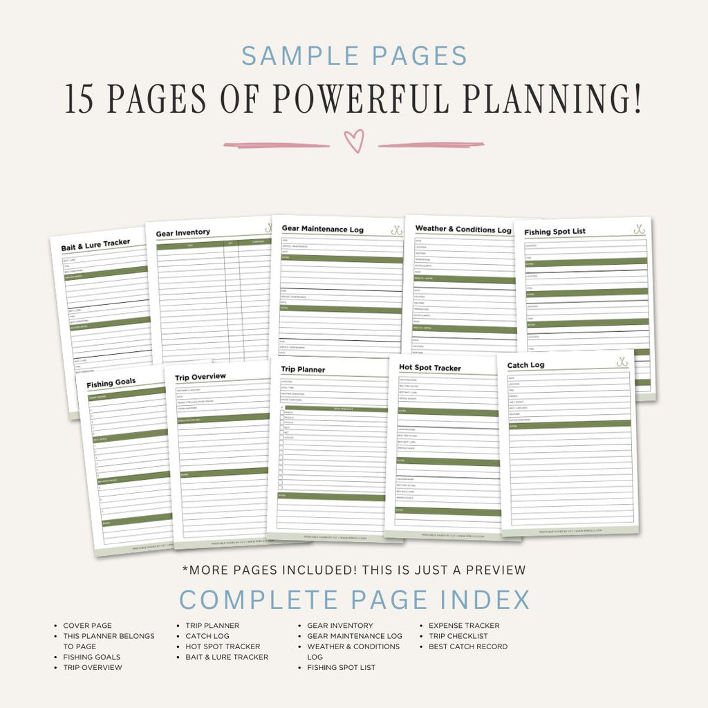 Printable Fishing Planner and Angler Logbook Bundle with trip planner, catch log, fishing goals, gear inventory, bait tracker, weather log, and best catch record pages