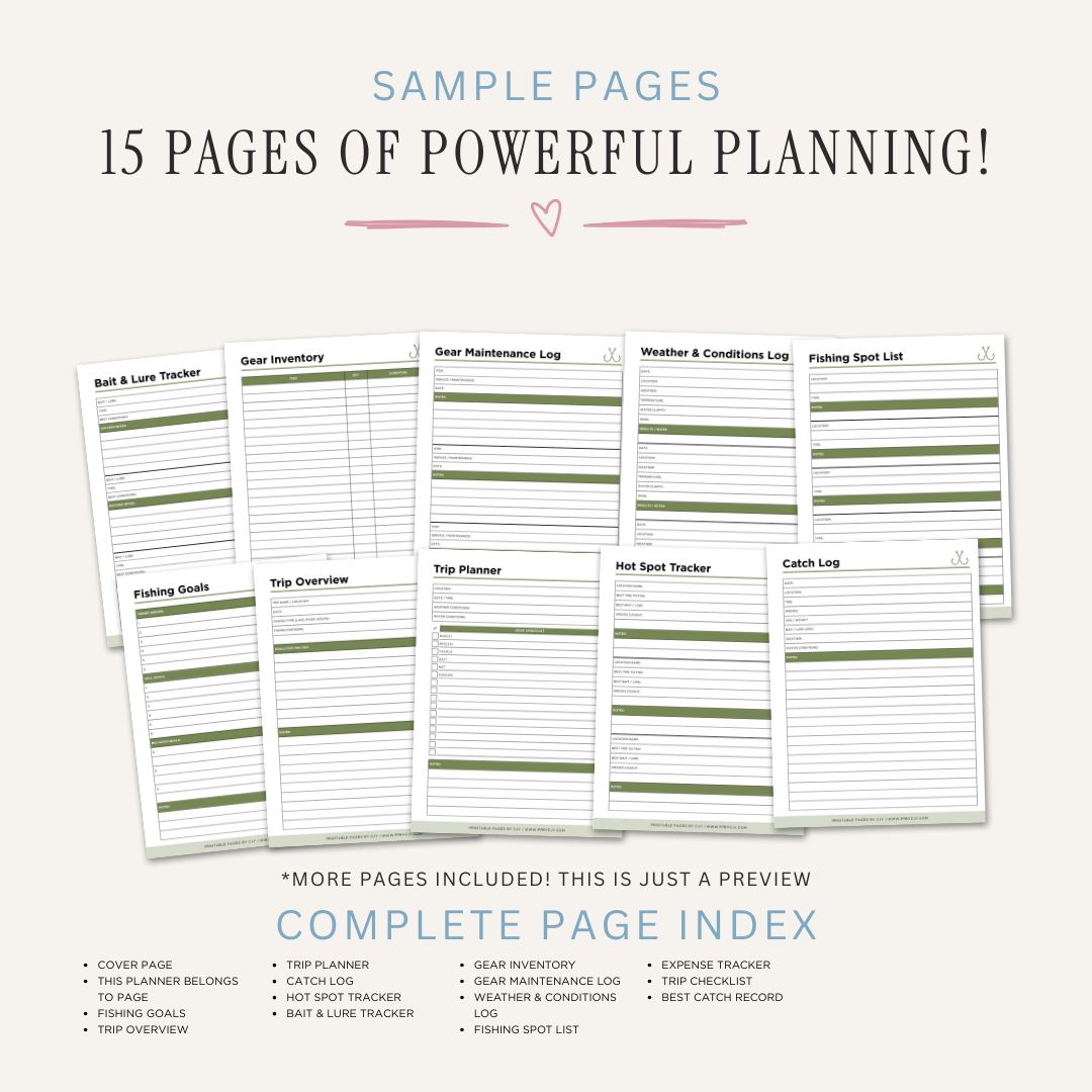 Printable Fishing Planner and Angler Logbook Bundle with trip planner, catch log, fishing goals, gear inventory, bait tracker, weather log, and best catch record pages