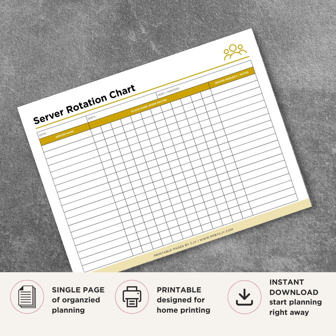 Server Rotation Chart printable restaurant seating tracker for host stand server assignments and rotation management
