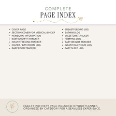 A page index cover for a baby planner, showing the title 'COMPLETE PAGE INDEX' with a list of included pages such as cover page, breastfeeding log, milestone tracker, pumping log, baby weight tracker, baby sleep log, and baby food tracker on a light beige background.