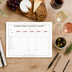A printable 'Baked Good Tasting Flight' chart laid on a wooden table, surrounded by food props like grapes, cheese, crackers, olives, and wine glasses. The chart is the product being shown, but the scene includes a real tabletop environment and styled props, so this fits Lifestyle rather than Product/Packaging.