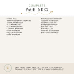 A digital page index cover for a bar or restaurant planner, featuring a clean beige background with black and muted green text. The top reads 'COMPLETE PAGE INDEX' under a dotted line with a small paper airplane icon.