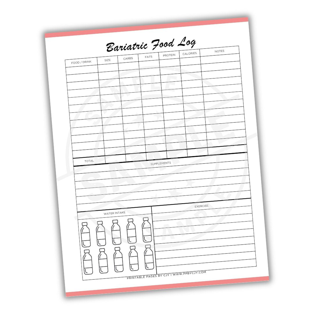Bariatric Food Log sheet with a pink border on a white background