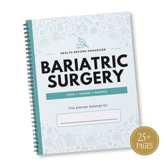 A spiral-bound 'Bariatric Surgery' health record organizer planner with a white cover, light blue medical-themed line drawings, and a gold '25+ PAGES' sticker in the bottom right corner.