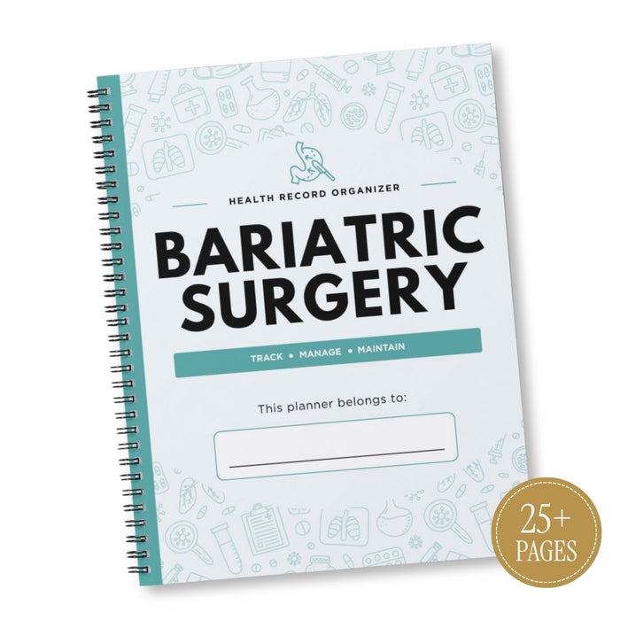 A spiral-bound 'Bariatric Surgery' health record organizer planner with a white cover, light blue medical-themed line drawings, and a gold '25+ PAGES' sticker in the bottom right corner.