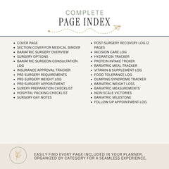 A beige and white informational graphic titled 'COMPLETE PAGE INDEX' listing categories of pages included in a bariatric surgery planner, such as surgery options, recovery log, meal tracker, and appointment checklist.