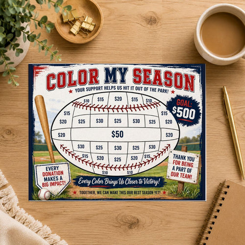 A rectangular printed game board titled "COLOR MY SEASON" lies on a wooden tabletop, surrounded by a coffee cup, plant leaves, a pencil, and a notebook. The board features a baseball field layout with numbered path squares, a bat, grass, and team-themed text boxes.