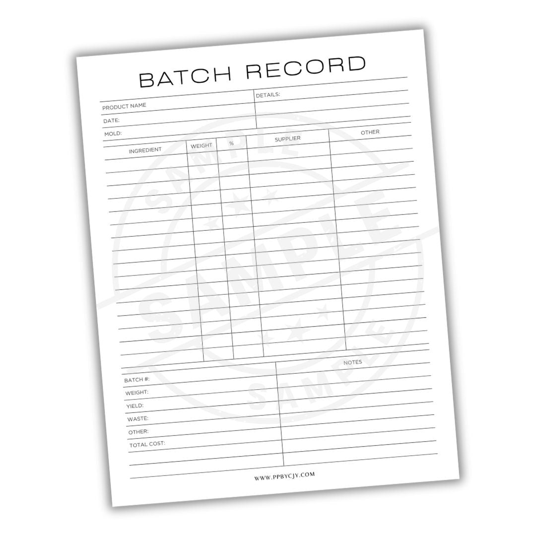 Batch record sheet with columns for product name, details, ingredients, weight, etc.