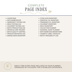 A digital preview of a 'Complete Page Index' planner insert, showing a list of included pages organized by category on a light beige background.