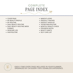 A beige and white page index graphic outlining the contents of a beauty planner, with headings like 'Complete Page Index' and a bulleted list of sections such as cover page, beauty profile, daily beauty routine, makeup looks, product tracker, and progress notes.