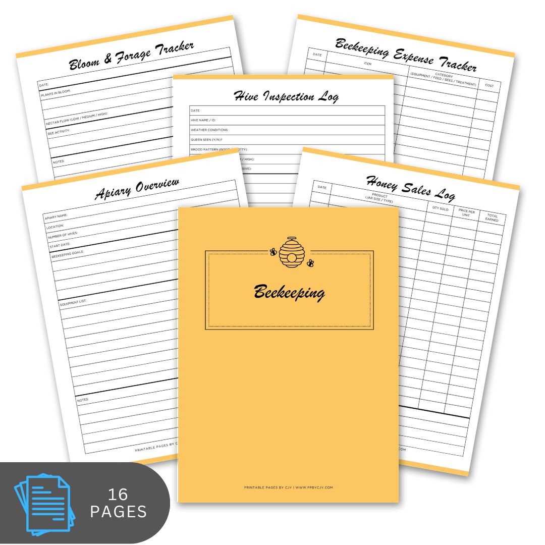 Collection of beekeeping logs and a notebook on a white background