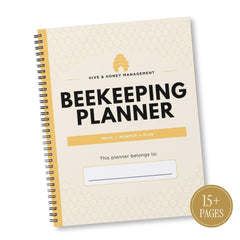A spiral-bound Beekeeping Planner with a cream cover featuring a subtle honeycomb pattern, bold black text, and a gold accent bar. A gold circular badge in the bottom right corner reads '15+ PAGES'.