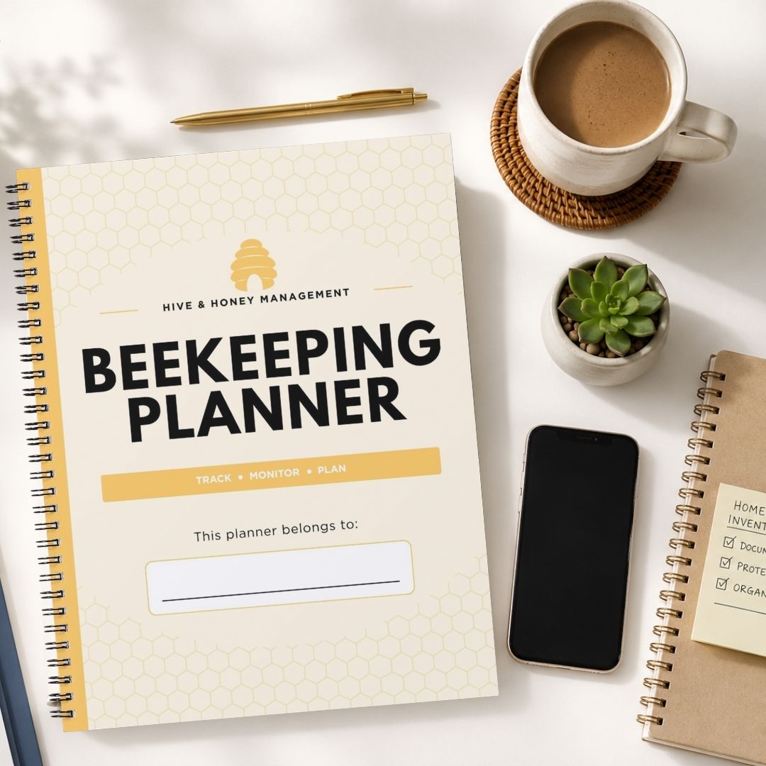 A spiral-bound 'Beekeeping Planner' from Hive & Honey Management is displayed in a styled flat-lay arrangement on a white surface, surrounded by a cup of coffee, a smartphone, a small succulent, and other notebooks.