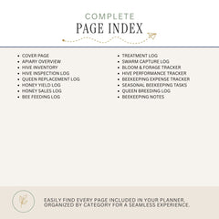 A digital preview of a 'Complete Page Index' for a beekeeping planner, showing a list of included pages organized by category on a light beige background.