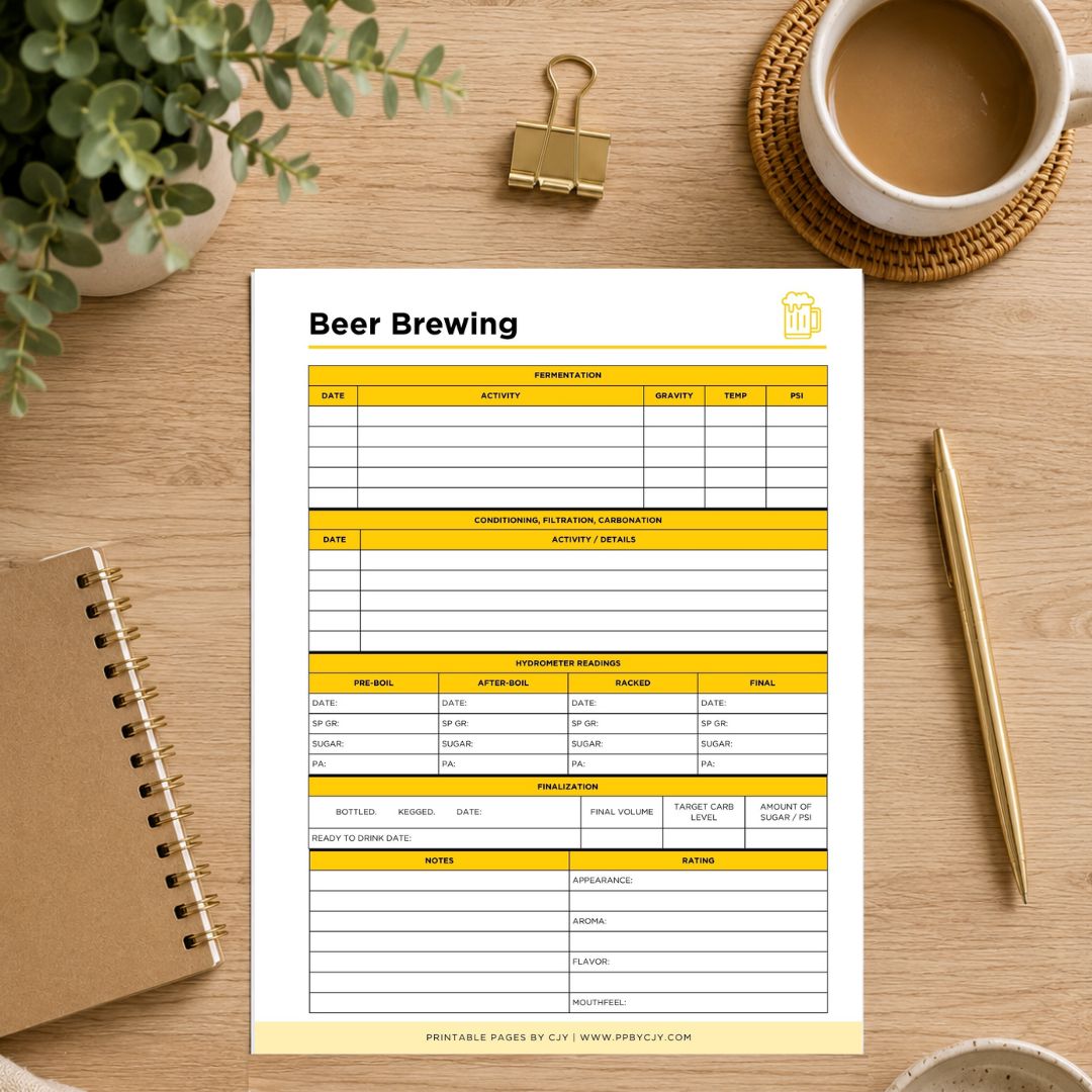 A printable beer brewing log sheet displayed on a wooden desk flat-lay. The white paper template features yellow highlighted sections for tracking beer batch details, shown alongside a coffee cup, gold binder clip, notebook, pen, and green plant.