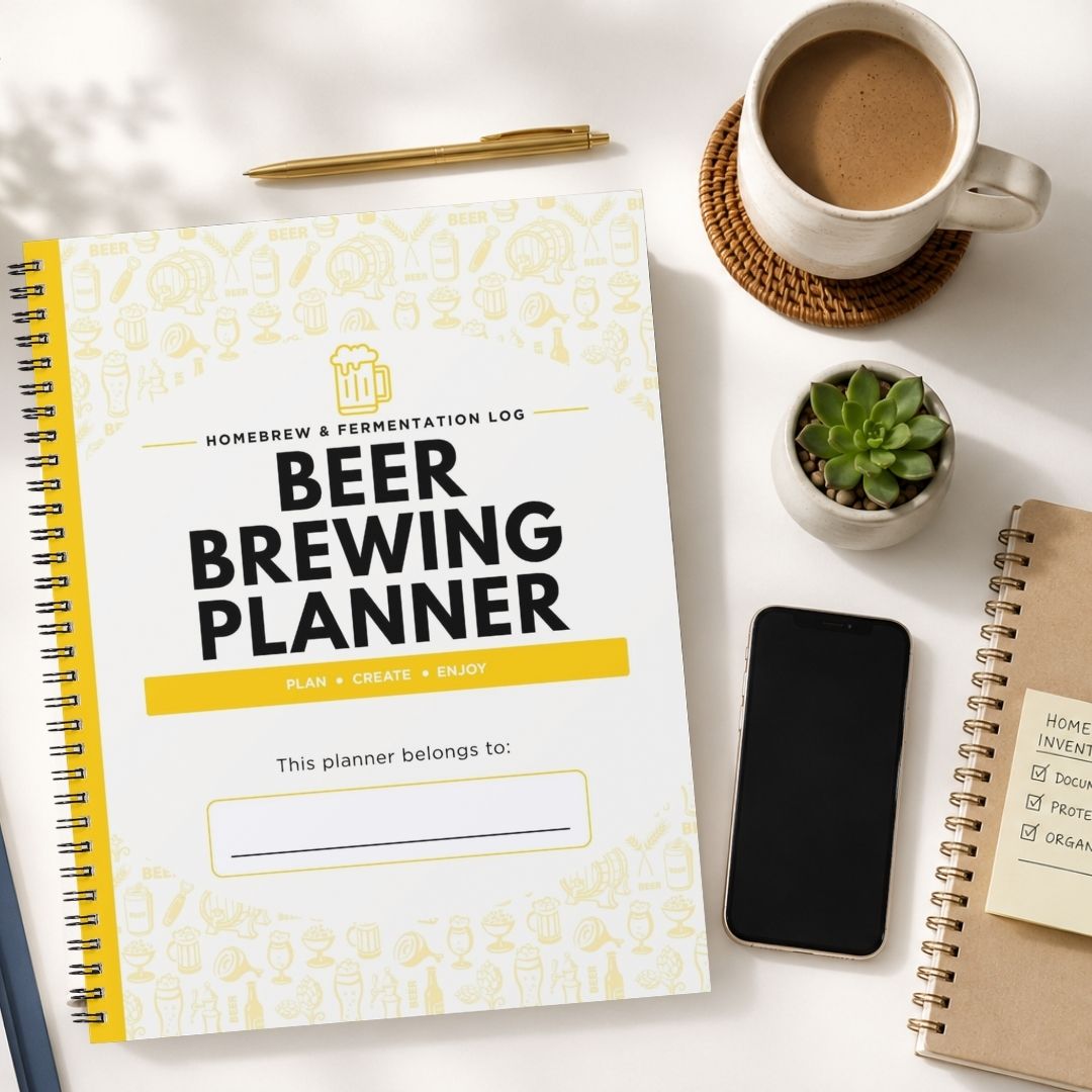 A spiral-bound 'Beer Brewing Planner' notebook is displayed in a styled flat-lay arrangement on a white surface, surrounded by a cup of coffee, a smartphone, a small succulent, and another notebook.