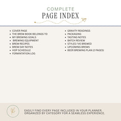 A product listing graphic for a 'Complete Page Index' included in a beer brewing planner. The graphic displays a bulleted list of included page topics on a light beige background with a dark blue horizontal line.