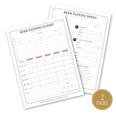 Two printable beer tasting sheets shown on a white background, with a gold circular badge reading '2 PAGES'. The sheets are labeled 'beer TASTING NOTES' and 'beer TASTING FLIGHT' and appear to be the product being sold rather than an auxiliary instruction sheet.