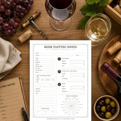 A beer tasting notes template sheet displayed on a rustic wooden table surrounded by wine elements, including a glass of red wine, a glass of white wine, grapes, a corkscrew, and olives.