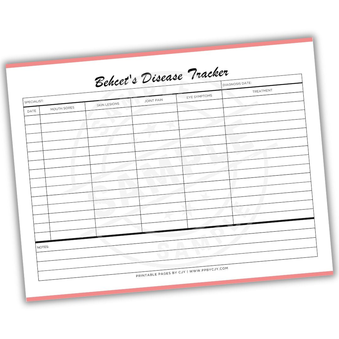 Behcet's Disease Tracker sheet with columns for symptoms and treatment on a white background.