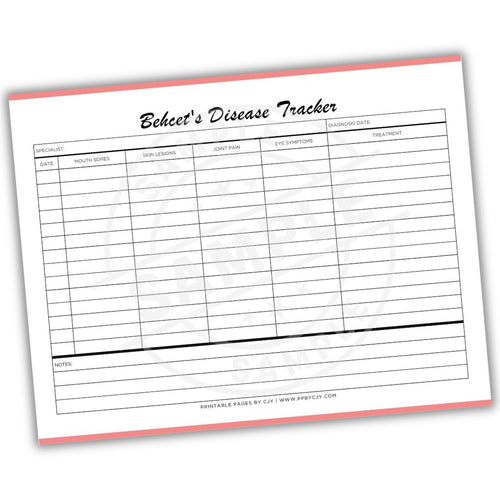 Behcet's Disease Tracker sheet with columns for symptoms and treatment on a white background.