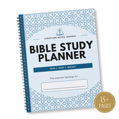 A spiral-bound Bible Study Planner notebook shown at an angle on a white background. The cover is light blue with a darker blue geometric pattern border, bold black text reading 'BIBLE STUDY PLANNER,' and a gold circular badge in the lower right corner that says '15+ PAGES.