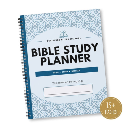 A spiral-bound Bible Study Planner notebook shown at an angle on a white background. The cover is light blue with a darker blue geometric pattern border, bold black text reading 'BIBLE STUDY PLANNER,' and a gold circular badge in the lower right corner that says '15+ PAGES.