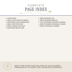 A page index cover for a Bible study planner, showing the title 'COMPLETE PAGE INDEX' and a list of included pages such as cover page, Bible study notes, soap Bible study worksheet, Bible chapter study, Bible character study, scripture reflection, Bible reading log, Bible reading minutes, Old Testament reading, New Testament reading, and weekly reading planner.