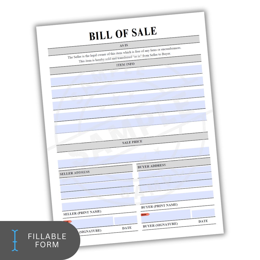 Bill of sale form with fillable text on a white background