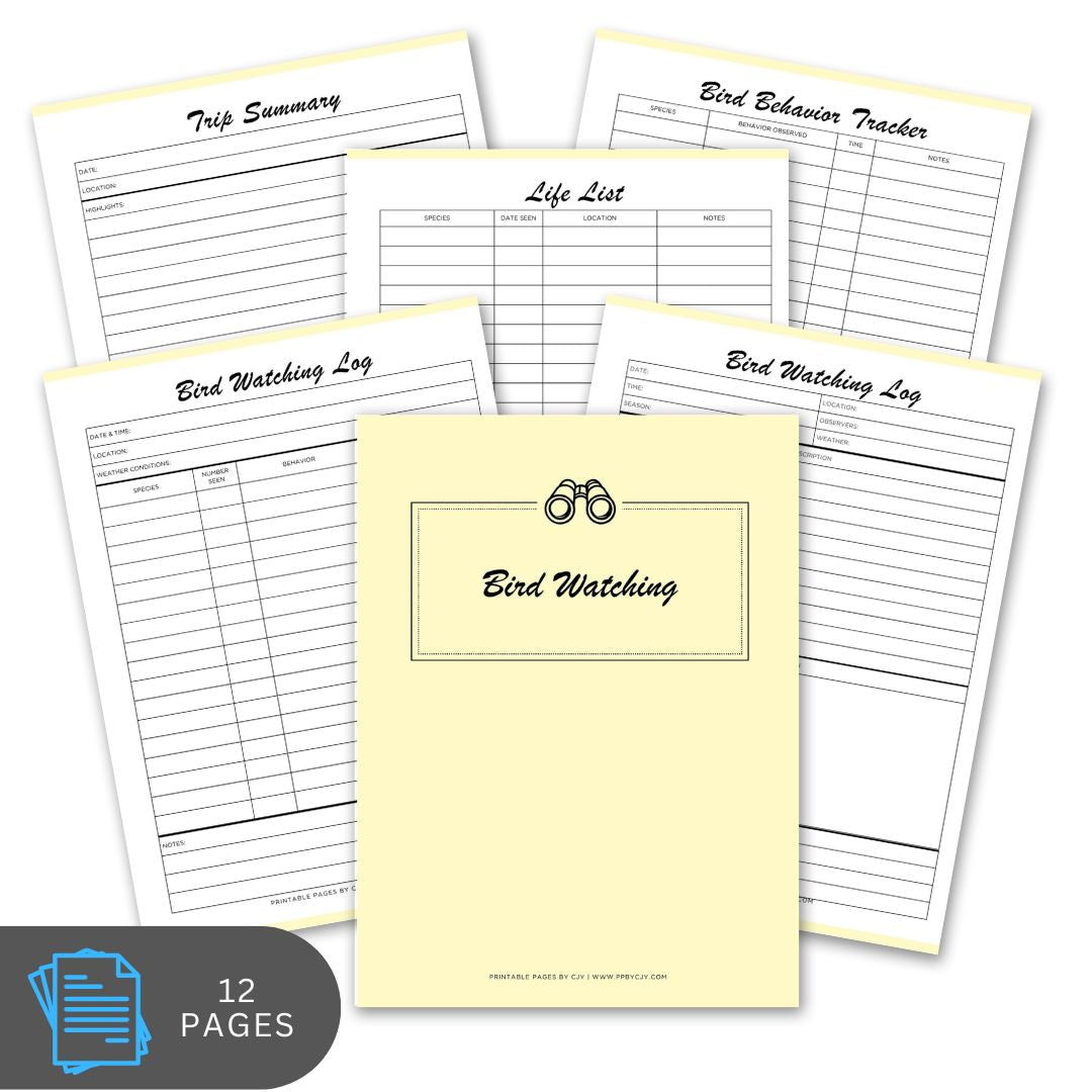 Bird watching logbook with various pages on a white background