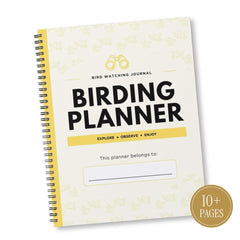 A spiral-bound bird watching journal titled 'BIRDING PLANNER' with a cream cover, yellow accents, and a gold '10+ PAGES' badge, shown on a white background.