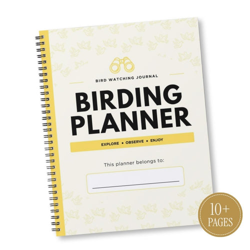 A spiral-bound bird watching journal titled 'BIRDING PLANNER' with a cream cover, yellow accents, and a gold '10+ PAGES' badge, shown on a white background.