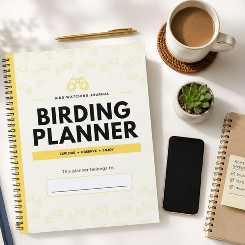 A spiral-bound Bird Watching Journal titled 'BIRDING PLANNER' is shown in a styled flat-lay arrangement on a white surface, alongside a cup of coffee, a pen, a small succulent, a smartphone, and another notebook.