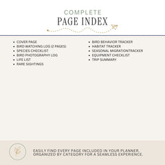A page index cover for a bird watching planner, showing the title 'COMPLETE PAGE INDEX' and a list of included pages such as cover page, bird watching log, species checklist, bird photography log, life list, rare sightings, bird behavior tracker, habitat tracker, seasonal migration tracker, equipment checklist, and trip summary.