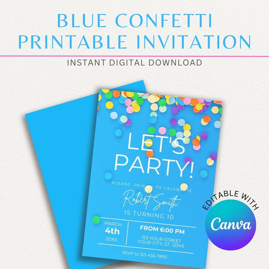 Blue Confetti Themed Printable Party Invitation with a festive blue confetti design, perfect for birthdays, celebrations, and special events.
