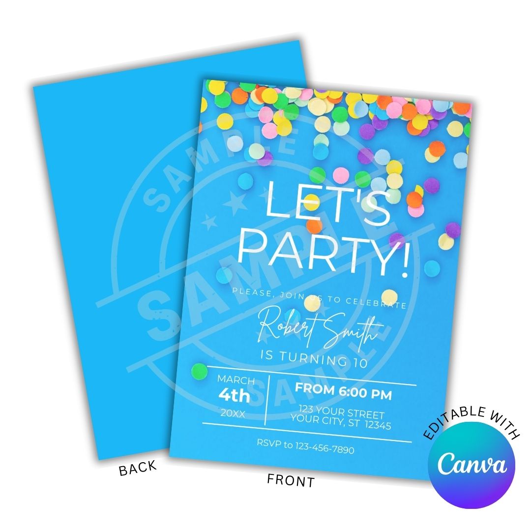 Birthday party invitation with colorful confetti and 'Let's Party!' text on a blue background, featuring Canva branding.