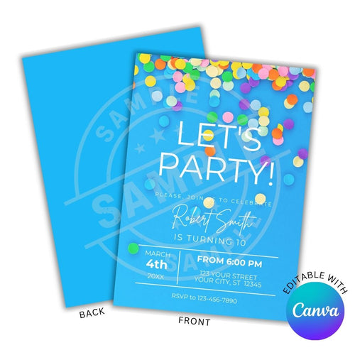 Birthday party invitation with colorful confetti and 'Let's Party!' text on a blue background, featuring Canva branding.