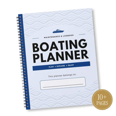 A spiral-bound Boating Planner notebook with a white cover featuring light blue wave patterns, bold black title text, and blue accents. A gold circular badge in the bottom right corner reads '10+ PAGES'.