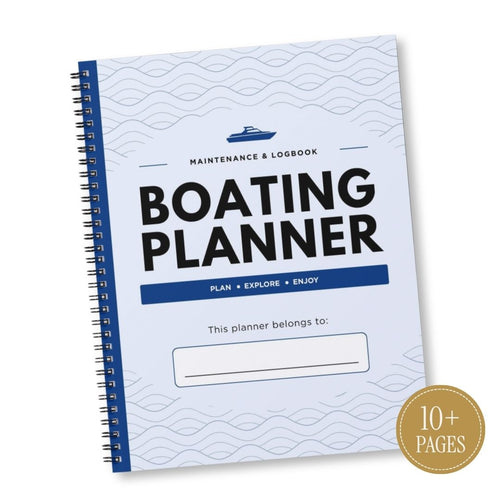 A spiral-bound Boating Planner notebook with a white cover featuring light blue wave patterns, bold black title text, and blue accents. A gold circular badge in the bottom right corner reads '10+ PAGES'.