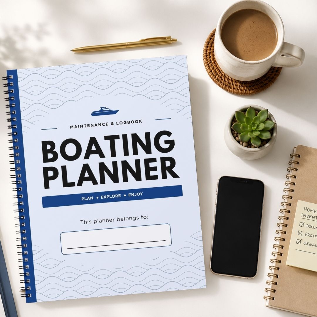 A spiral-bound 'Boating Planner' notebook is displayed in a styled flat-lay arrangement on a white surface, surrounded by a cup of coffee, a pen, a small succulent, a smartphone, and another notebook.