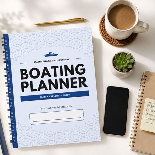 A spiral-bound 'Boating Planner' notebook is displayed in a styled flat-lay arrangement on a white surface, surrounded by a cup of coffee, a pen, a small succulent, a smartphone, and another notebook.